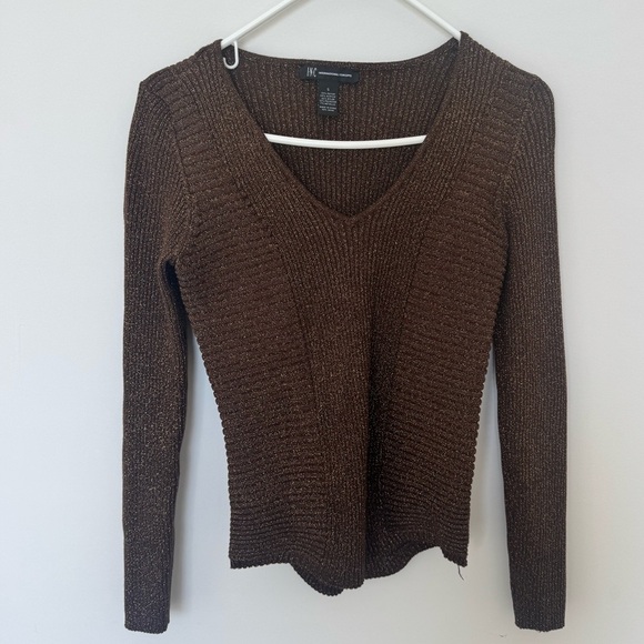INC International Concepts Bronze Metallic Brown Gold Ribbed V-Neck Sweater - Picture 2 of 7